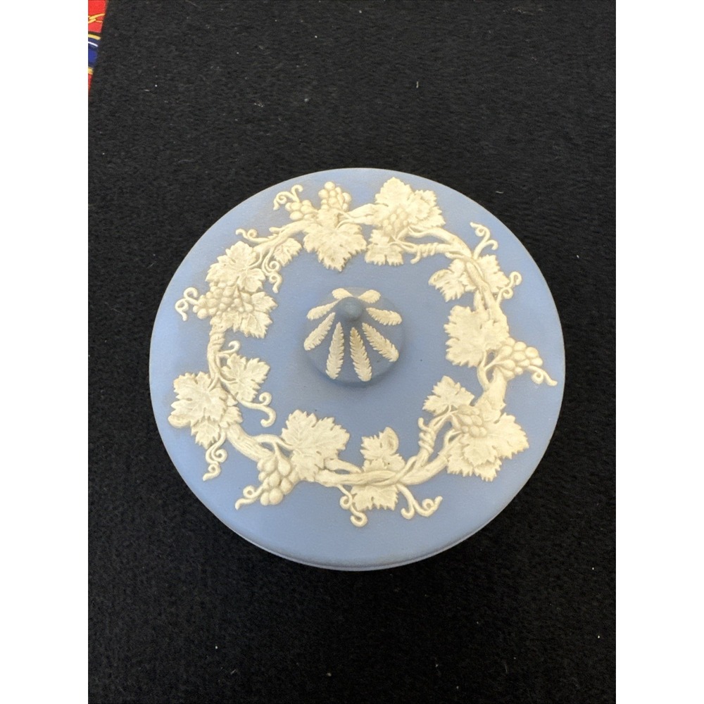 Wedgwood Blue Jasperware Lidded Trinket Box White Grape Vine Relief